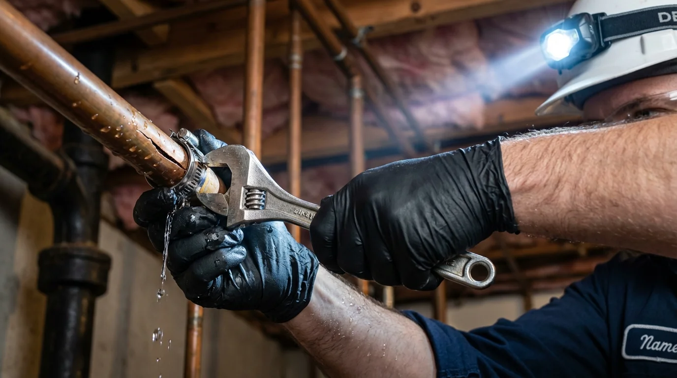 Emergency pipe clamp repair being performed by a Johns Plumbing LLC plumber in Contoocook