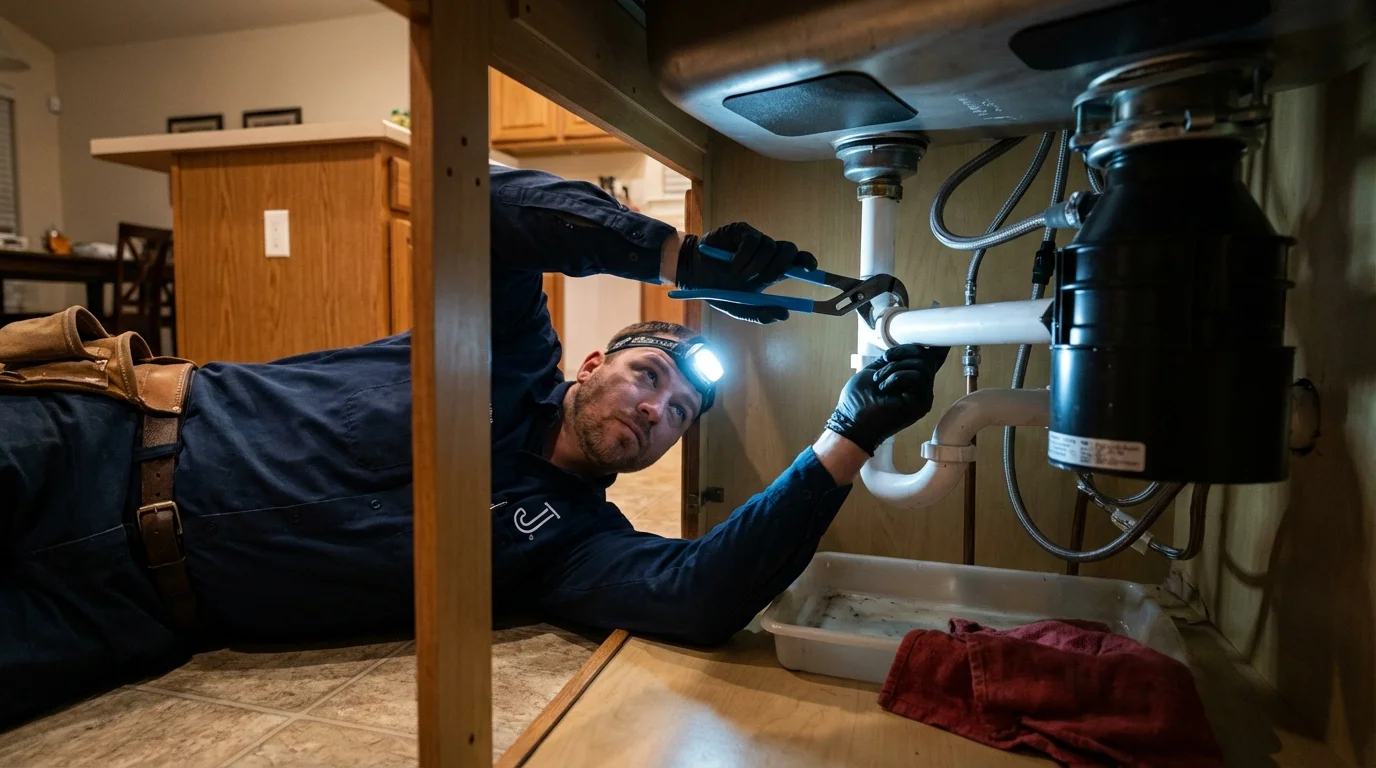 P-trap and supply line connections under a kitchen sink showing a common leak point in Contoocook, NH